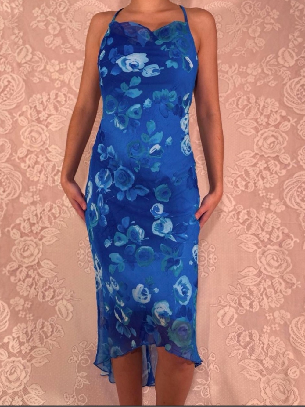 Y2K Iz Byer blue floral midi dress